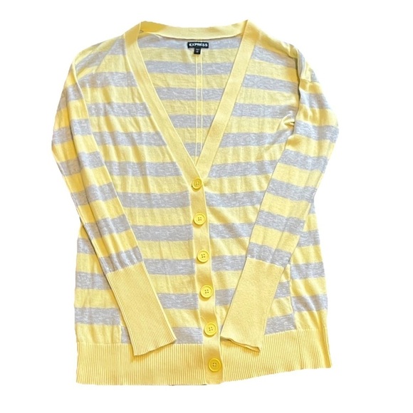 Express cotton striped cardigan sweater yellow gray lightweight v neck small - Picture 1 of 6